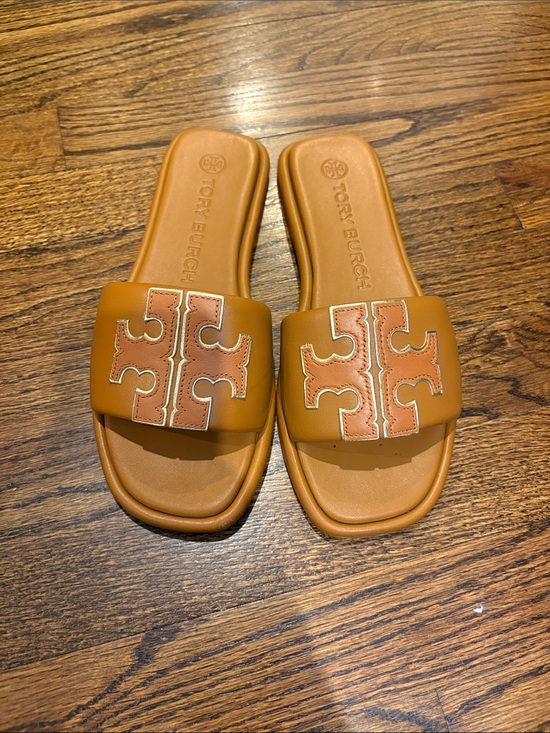 Tory Burch Shoes - Tory Burch Cognac Leather Logo Slide Sandals